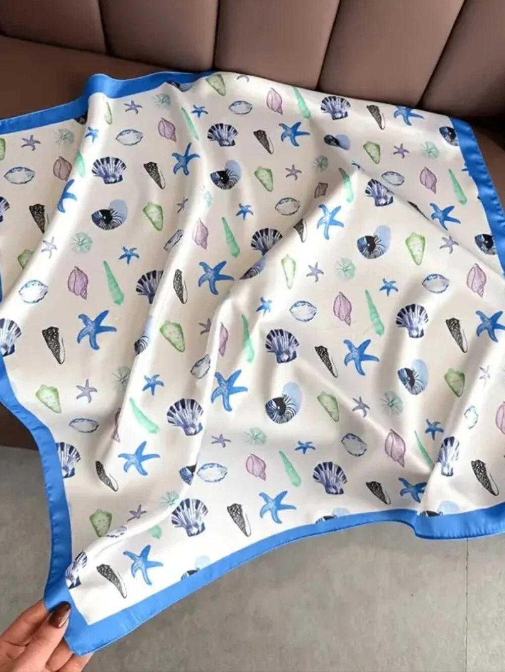 Silk-feel Seashell & Starfish Print  Scarf with Blue  Head Scarf , Neck Scarf